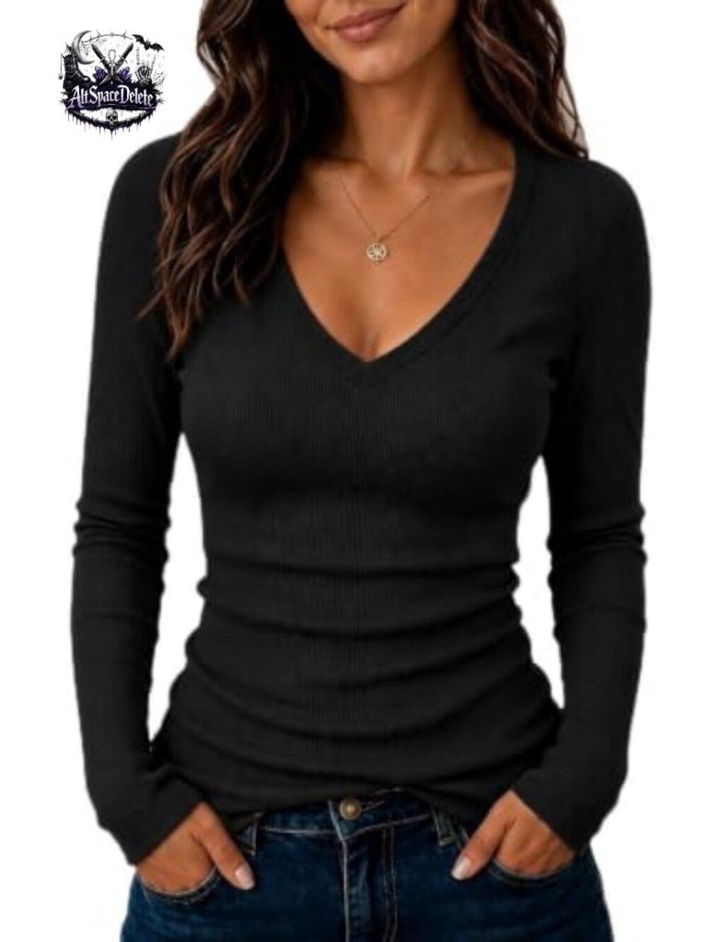 Long Sleeve V Neck Slim Fit Ribbed Knit Top Business Casual